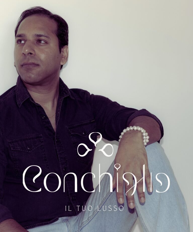 Logo der marke conchiglia mit mann mit perlenschmuck